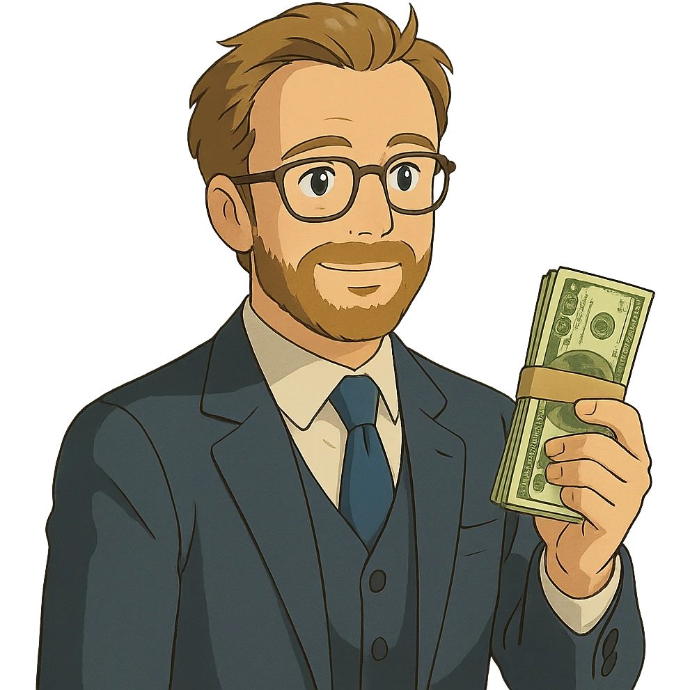 ghibli style illustration of Nikolai Astrup, Norwegian politician, holding a pack of money in his hand emoji