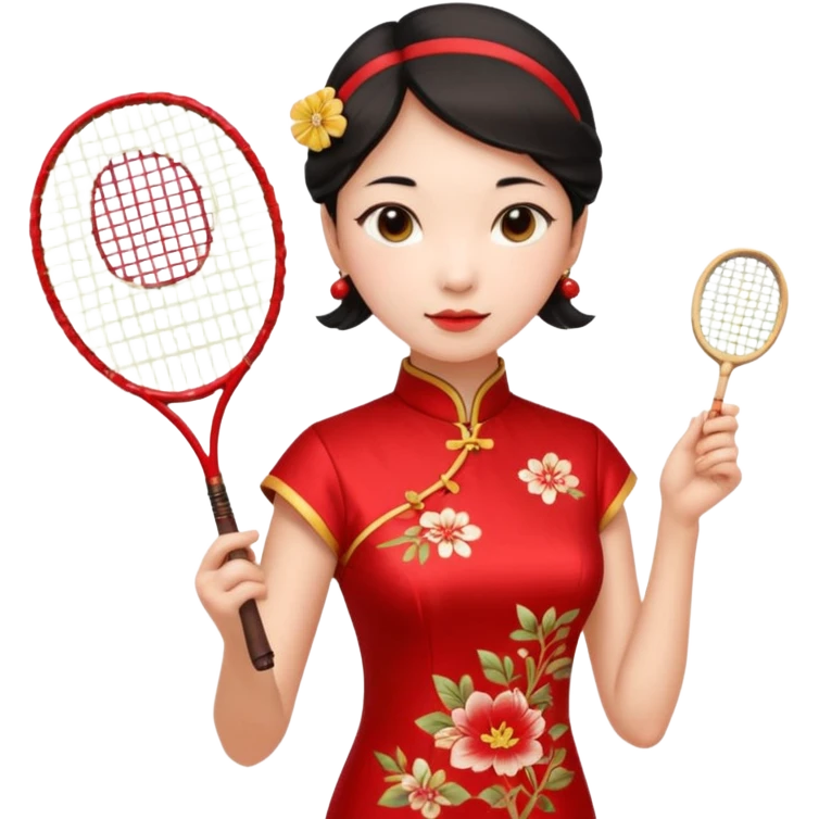ancient cheongsam girl with 1 badminton racket, red emoji