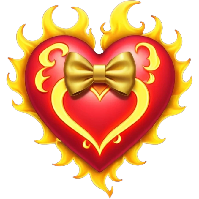 neon heart with a gold bow with heart pattern on the bow, with flames emoji