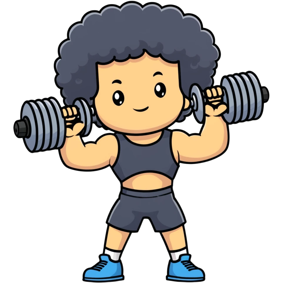 curly haired boy at gym with dumbbells emoji