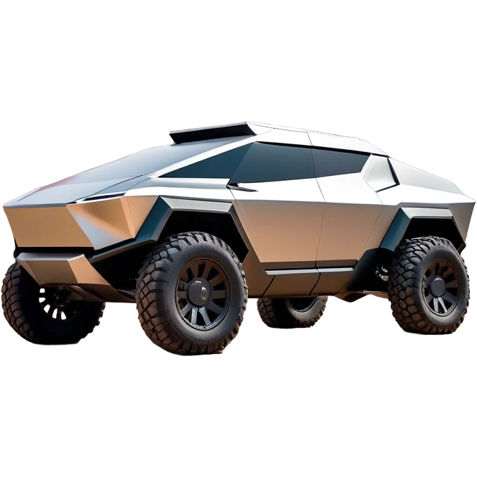 Tesla Cybertruck - A futuristic Tesla Cybertruck, angular and geometric with a sharp, triangular body shape. Stainless steel exoskeleton with a raw, unpainted, brushed-metal finish. A sleek, narrow LED light bar stretches across the entire front. Large, rugged off-road tires with exposed wheel arches. Smooth, handle-free doors and a slanted, armored rear with a retractable tonneau cover. Rear LED strip mirroring the front. The vehicle looks like a sci-fi-inspired, bulletproof stealth tank on wheels, set in a high-tech urban environment at sunset, with reflections on its metallic surface. emoji