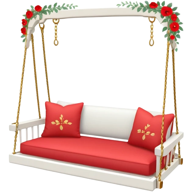 Romantic white wooden pastel-red cushions couch-swing with tiny gold flowers around emoji