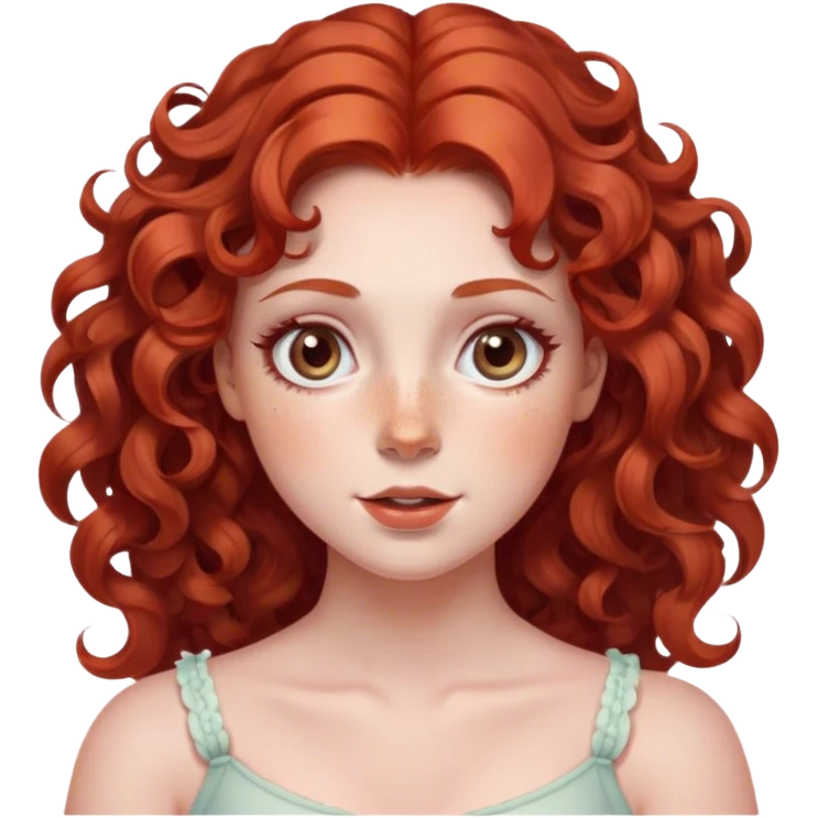 lady with Soft, round face, rosy cheeks, wide expressive eyes, wavy red hair, ringlets, Fair skin, freckles, emoji