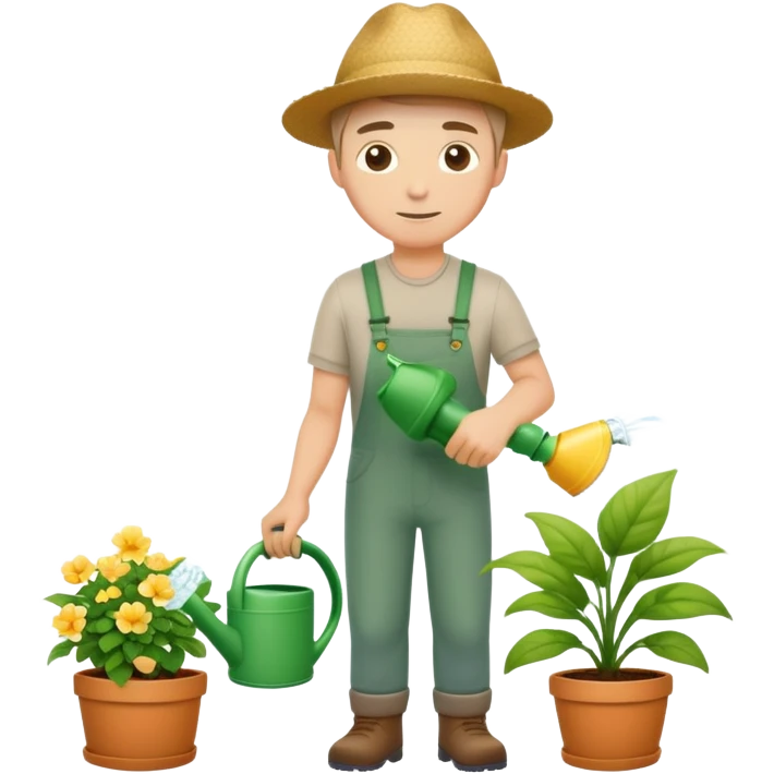 hardworking young white male gardener watering plants emoji