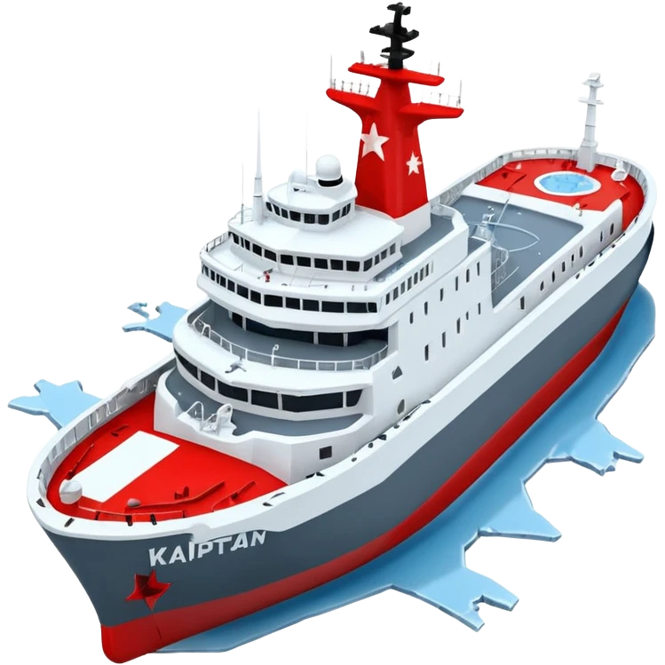 Realistic 3D icon of icebreaker "Kapitan Krutov" (grey hull, red star, white superstructure, "РОСМОРПОРТ" lettering). Soft winter lighting, 3/4 aerial view. Fractured blue ice, white background. High detail, photorealistic GSON style. emoji