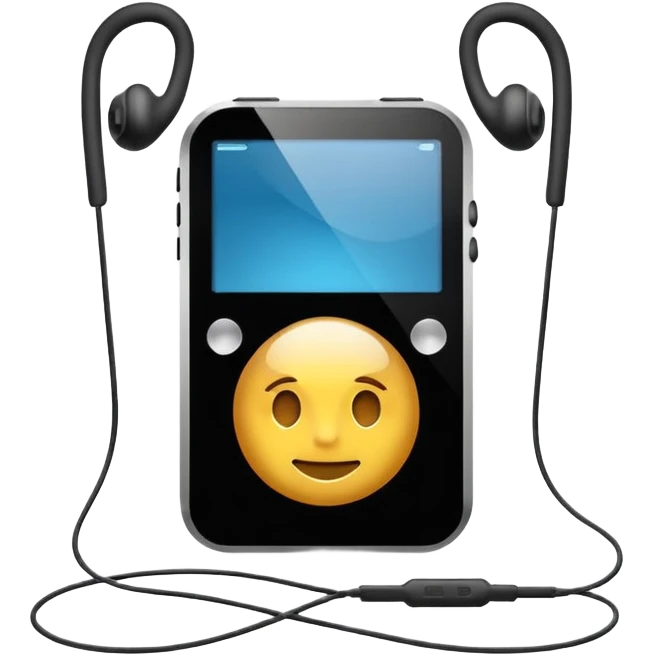 Futuristic iPod emoji with earphones, metallic black and white, smooth reflective surfaces, flat minimal vector design, clean UI style emoji