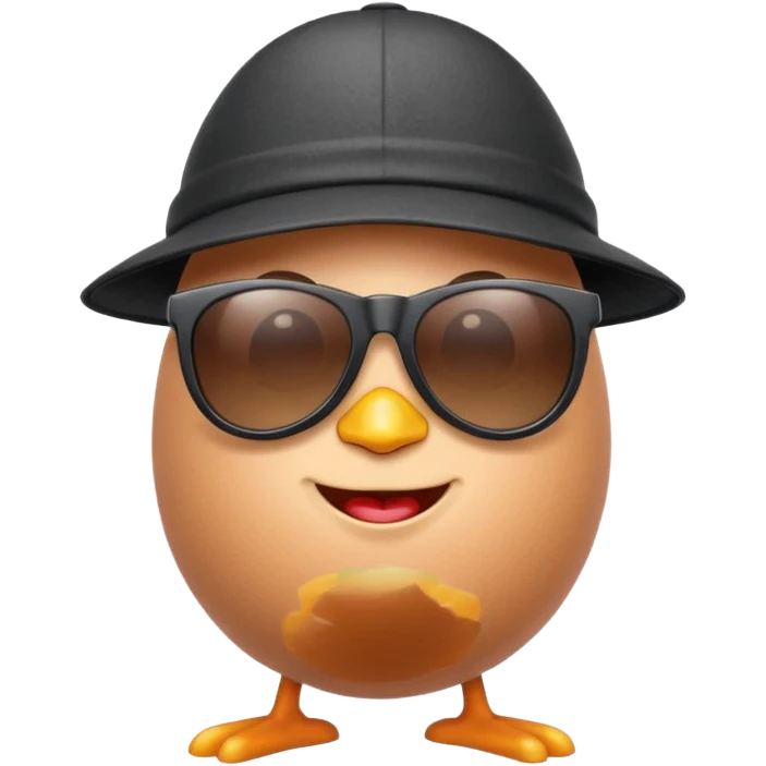 a funny, proud cartoon-style egg character wearing sunglasses and a small fan cap , solid orange background. emoji
