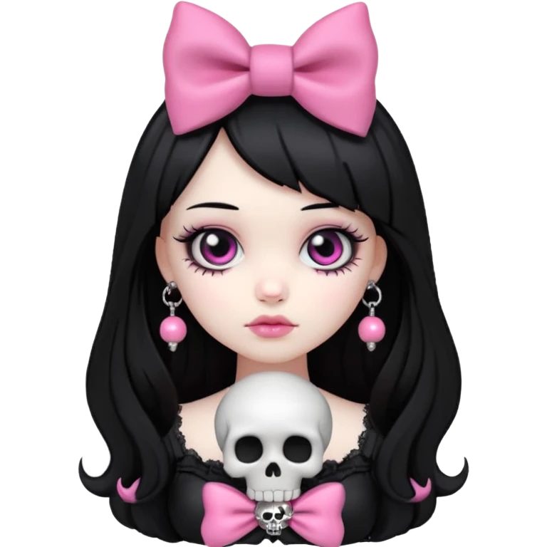 gothic girl with pink bow and skull charm, gothic style, vinyl figure, puffy details emoji