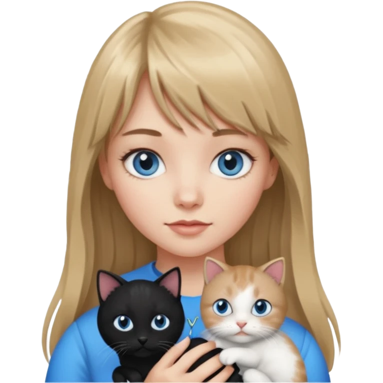 Apple-style emoji sticker of a young woman with long dark blond hair and bang, blue eyes , holding a black and white kitty emoji