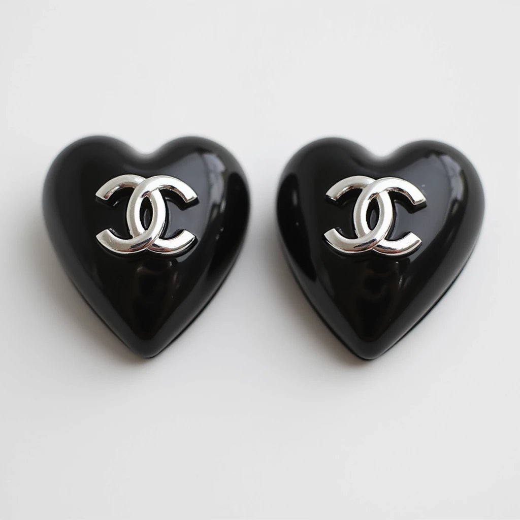 photorealistic heart-shaped Chanel earrings in black and white with a silver logo, elegant emoji