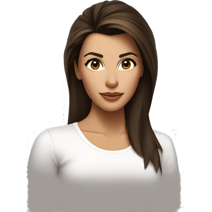 3/4 face, contrasted, shadow, light, Eva Longoria expression, relaxed, thin nose, brunette woman, hazel eyes, long eyelashes, dark shoulder shaded hair, white t-shirt emoji