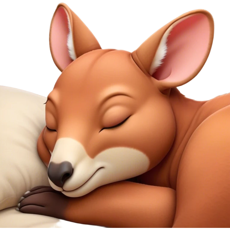 Meme-Worthy Cute Sleeping Adult Red Kangaroo Portrait Emoji, Head resting peacefully with a contented smile, showcasing a solid, reddish form with a characteristic red kangaroo-shaped head featuring a soft, elongated snout and small, relaxed ears, eyes shut in a serene, restful nap, Simplified yet adorably endearing features, highly detailed, glowing with a soft, drowsy outback light, high shine, relaxed and utterly lovable, stylized with an air of playful laziness, soft glowing outline, capturing the essence of a sleeping kangaroo that feels destined to become the next viral icon of adorable rest! emoji