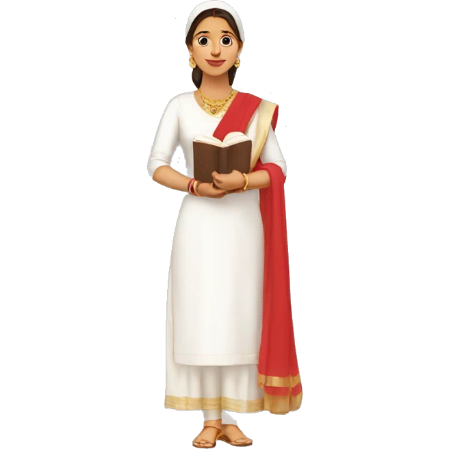 A women wearing white kurti, red dupatta and book in hand emoji
