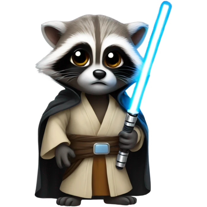 Racoon dressed up as a Jedi with a lightsaber emoji