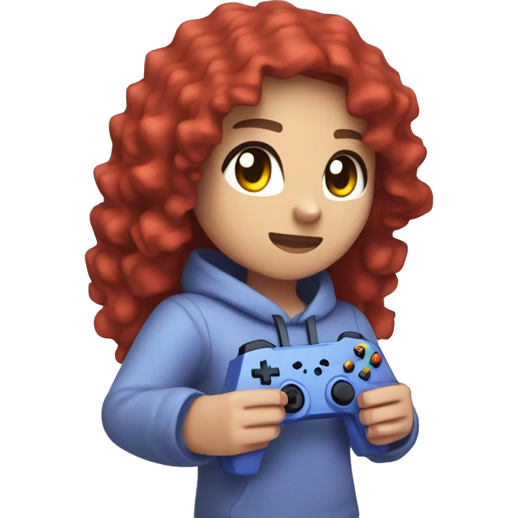 a white minecraft  girl with long red curly hair, wearing periwinkle Minecraft hoodie holding a controller emoji