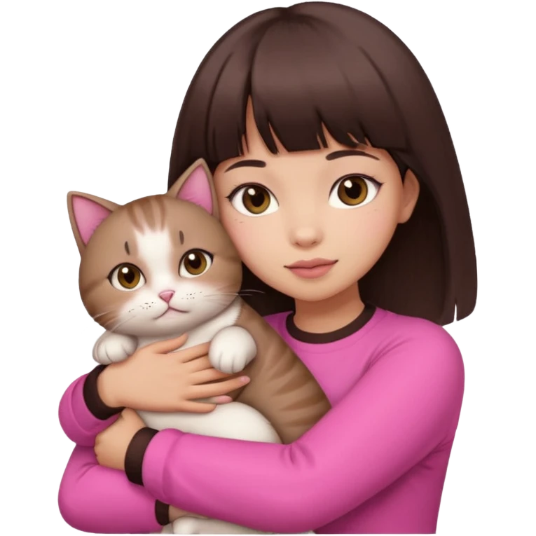 beautiful woman with dark brown straight hair and bangs, brown eyes wear a pink clothes and hugs a cute chubby cat emoji