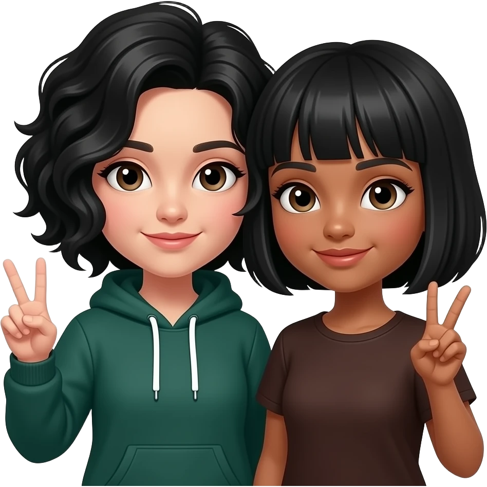 a wihte short girl w dark green hoddie, black wavy tall hair w making the ✌🏻 another White, slightly dark brown  girl w black short hair n bangs making the ✌🏻 w her n there close to each other emoji