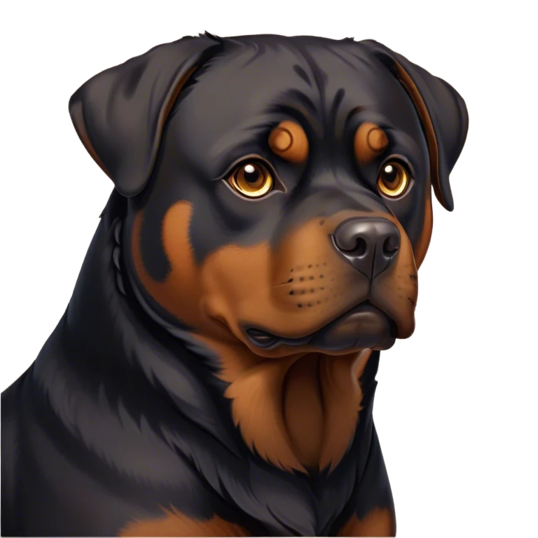 Cinematic Noble Rottweiler Portrait Emoji, Poised and regal, with a powerful, muscular build and a sleek, well-groomed coat of rich black with tan markings, deep-set soulful brown eyes, Simplified yet sharp and sophisticated features, highly detailed, glowing with a soft, dignified glow, high shine, intelligent and commanding, stylized with an air of authority, focused and attentive, soft glowing outline, capturing the essence of a watchful and fearless guardian, so majestic it feels as though it could stride out of the screen with effortless authority! emoji