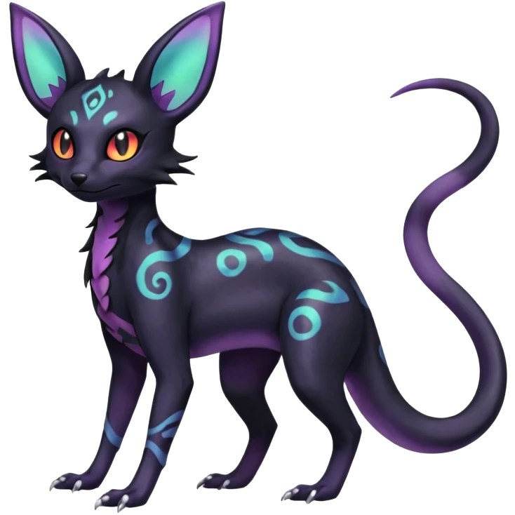 Rare epic aesthetic iridescent spooky gloomy colorful Salandit-Umbreon-Espeon-Genet-species-Fakemon-hybrid-creature, with markings, full body emoji