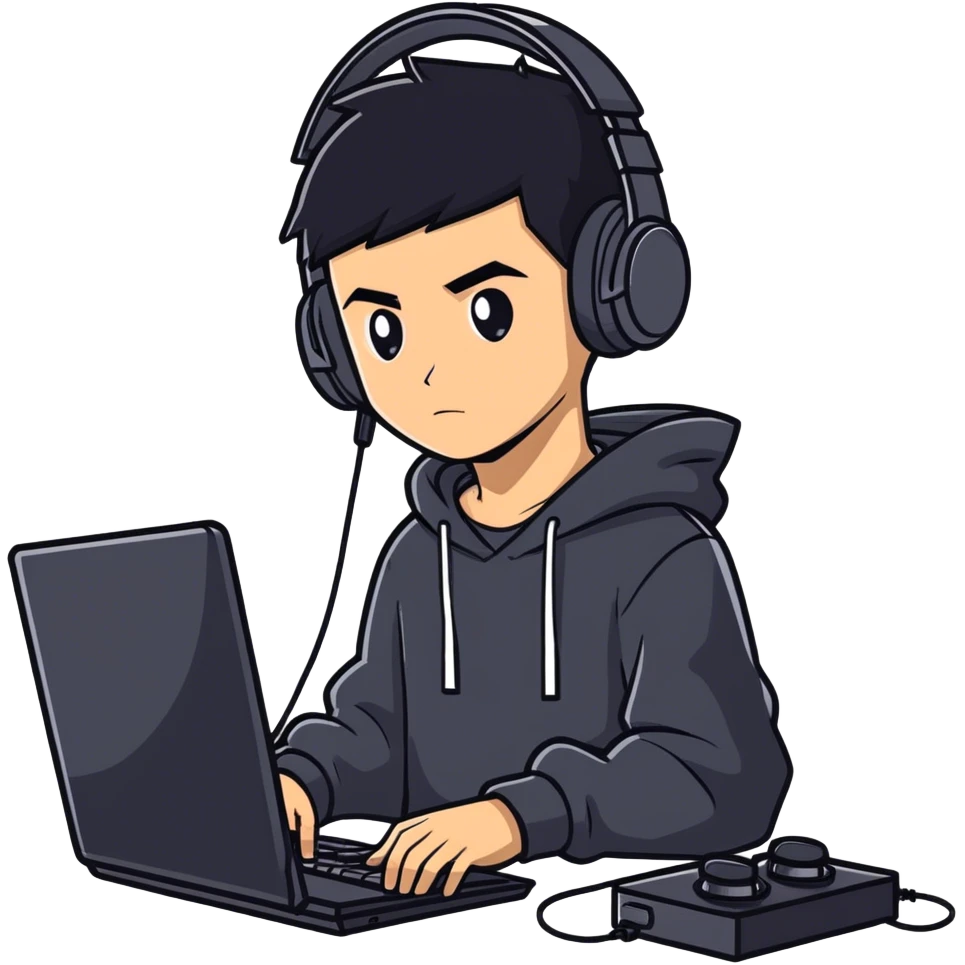 Cool boy, gamer with tan skin and black hair wearing a super cool black hoodie and wearing a gamer headset while playing PC games emoji