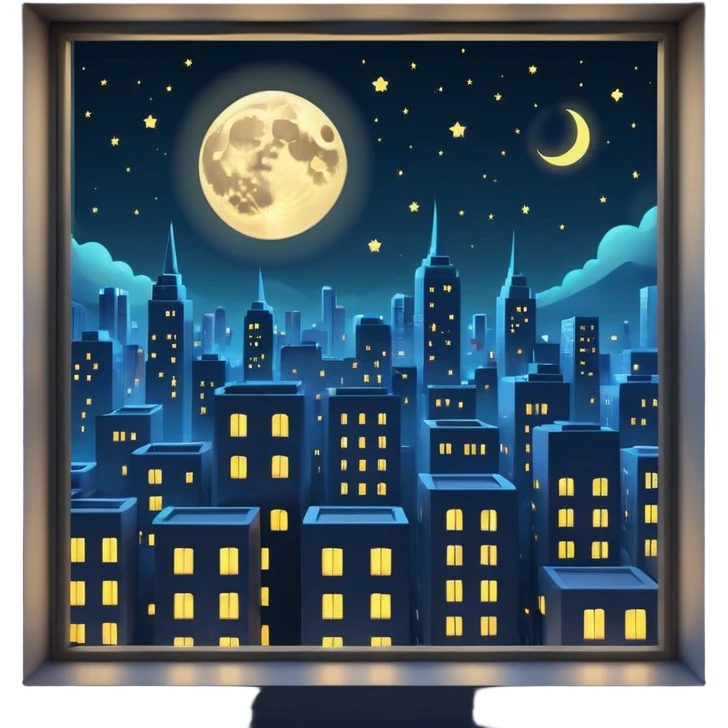 City night window view, 3D moon in corner emoji