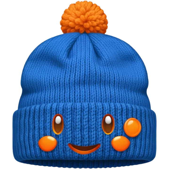 Blue beanie with an orange rim, and an orange puff dot at the top emoji
