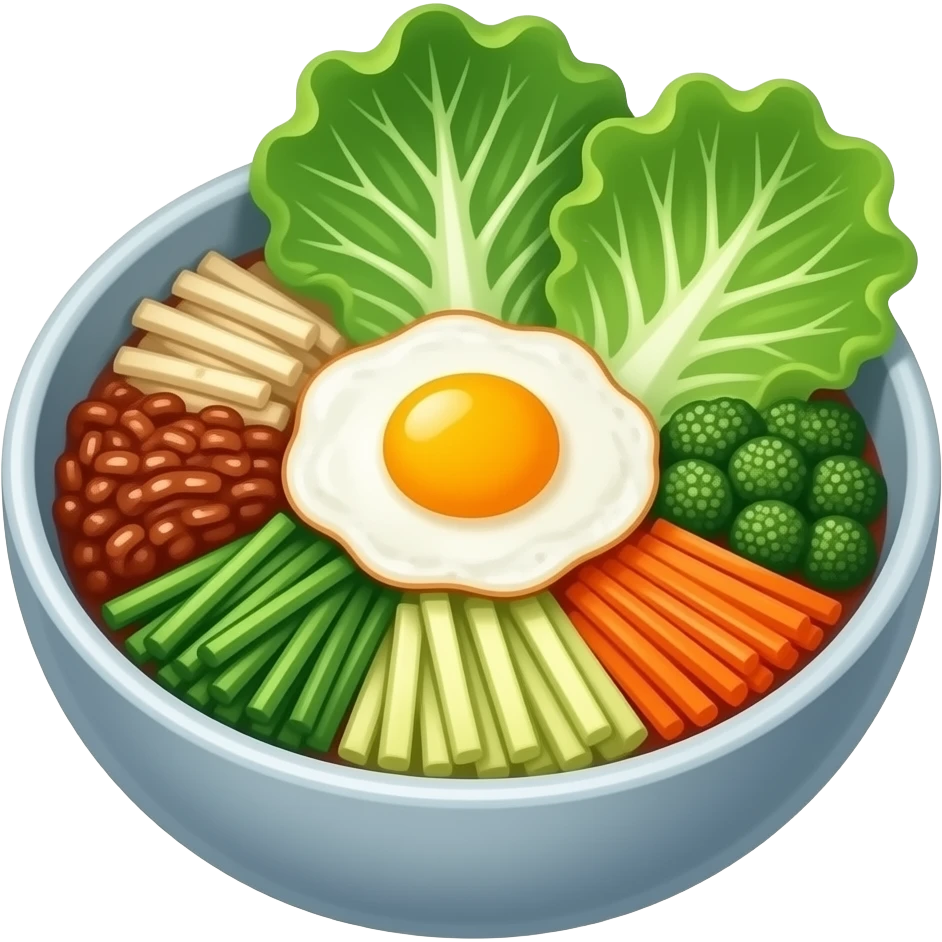 spring themed korean bibimbap, fresh green cabbage leaves, vibrant vegetables, fried egg, bright natural light, soft shadows, fresh and healthy mood emoji
