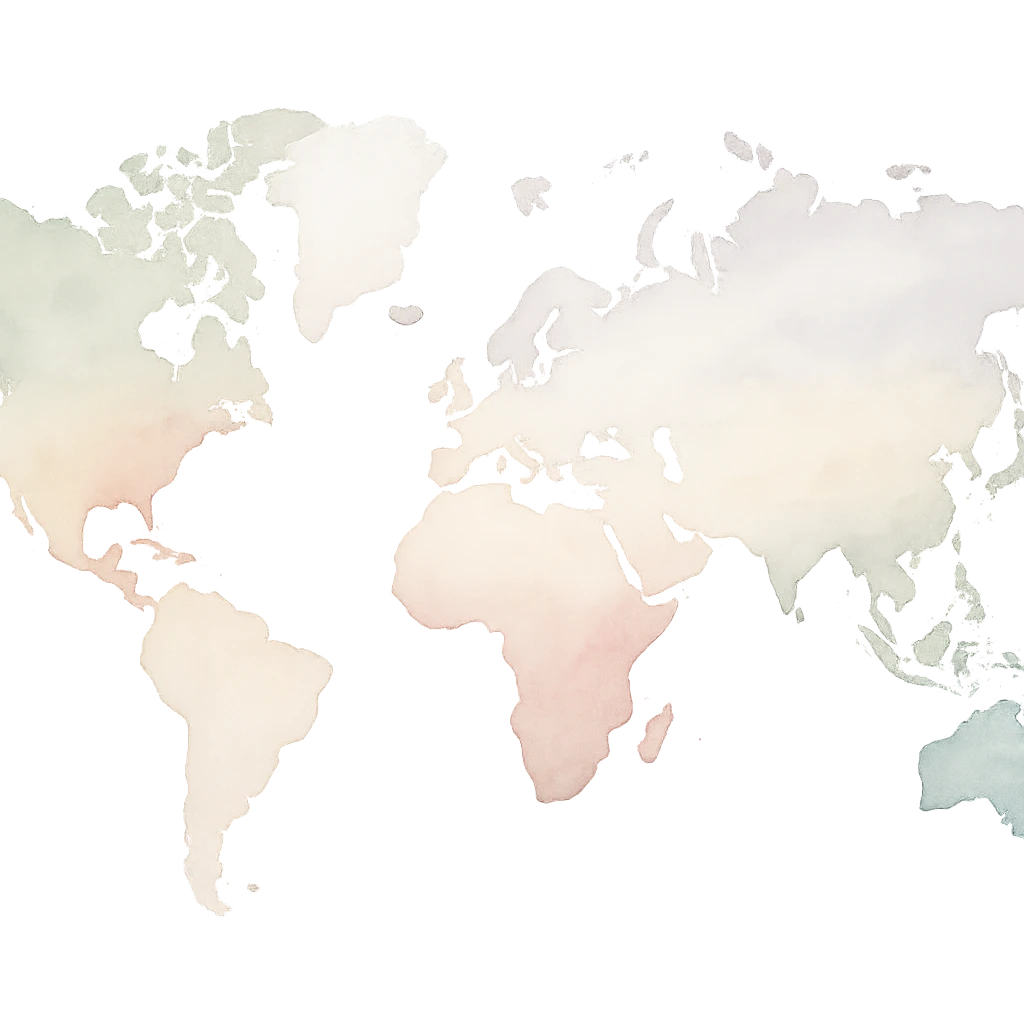 world map, watercolor style, soft colors, no text emoji