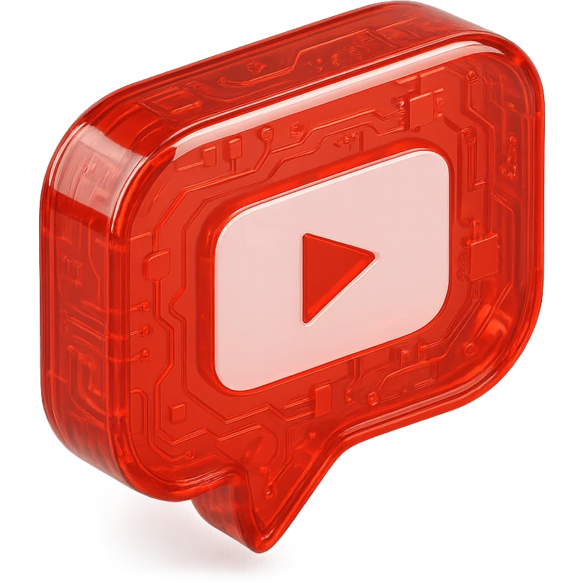 red opacity 0.6 speech bubble with inside a big red YouTube white play button, very glossy circuit style emoji