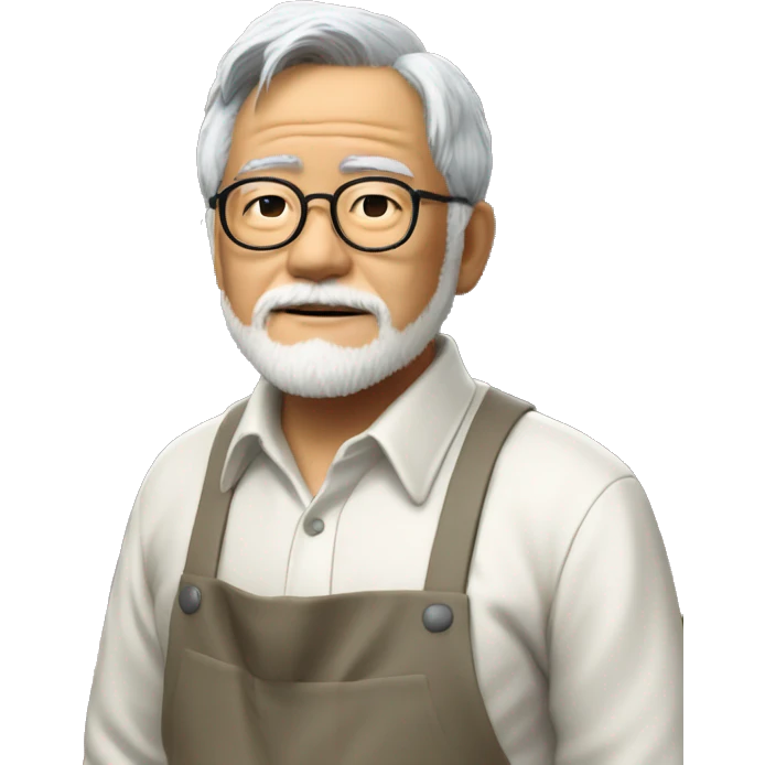 hayao miyazaki with his apron and hands in the pockets - realism emoji