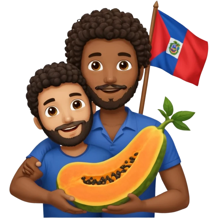 A very happy papaya hugging a medium dark skinned man with dark curly hair with a beard and Dominican flag behind them emoji