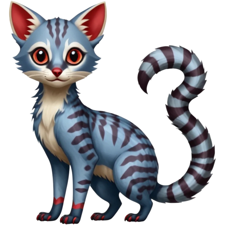 White and blue and red Asian painted anime-styled big-eyed shiny glorious divine marked exotic cool beautiful realistic Lykoi-civet-genet-sergal-ocicat-oncilla-animal-Fakémon-hybrid-fursona (full body) emoji