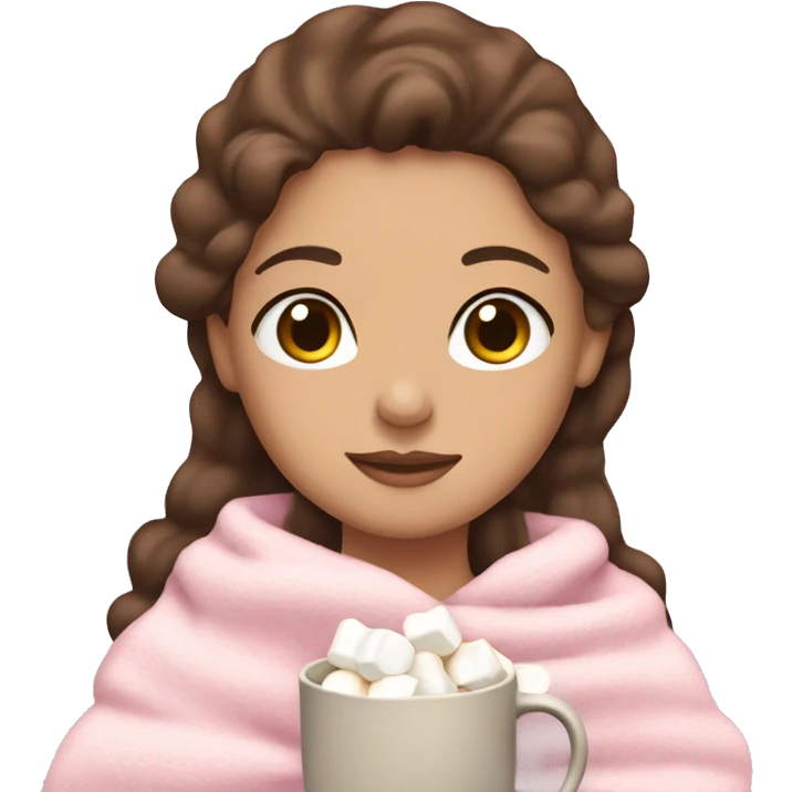 Girl with brown hair and a light pink bow wrapped in a light pink blanket drinking tea with marshmallows emoji