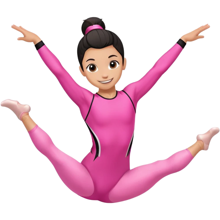 "A gymnast in black and minimal pink outfit with a smile and a look of surprise (normal skin) emoji