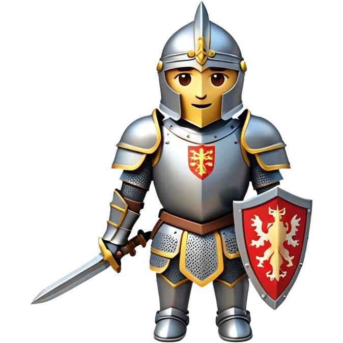 Clash of Clans aesthetic: Cinematic heroic Armored Knight Hero Emoji, rendered in a 3D vector-style similar to standard emojis with minimal shading and bold, simplified shapes. A compact, isometric warrior clad in gleaming plate armor with intricate heraldic details, softly glowing with a chivalrous medieval charm. Simplified yet unmistakably iconic, highly detailed and consistent, glowing with a soft radiant shine and high polish. Stylized with a touch of noble valor and a soft glowing outline, wearing a full face helm so that no face is visible with only eyes visible, capturing the essence of a gallant knight ready for honorable battle with a friendly, playful manner! emoji