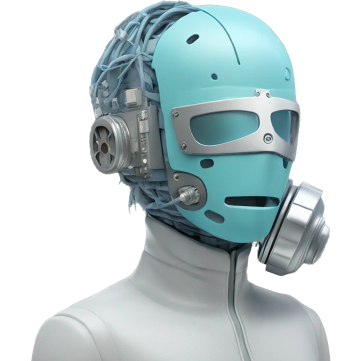 Pastel blue haired cyborg head with silver respirator mask and circuits emoji