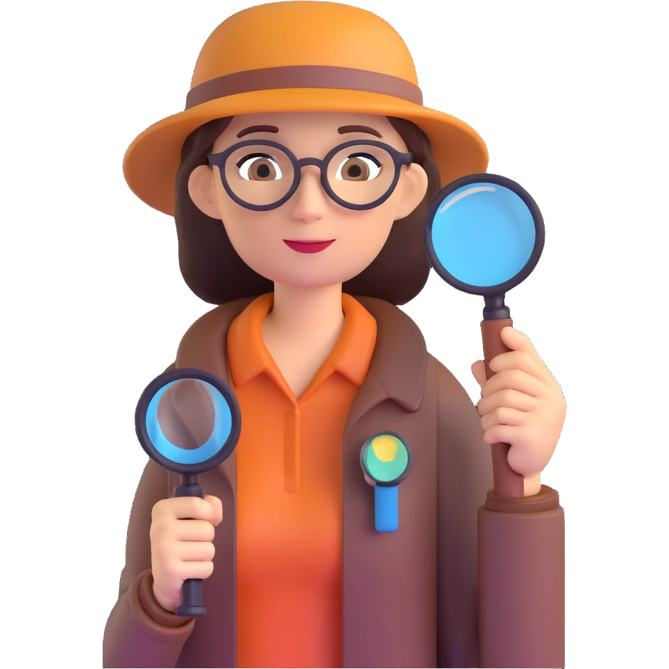 Curious professional woman explorer with glasses, modern outdoor equipment, single magnifying glass, stylized 3d look emoji