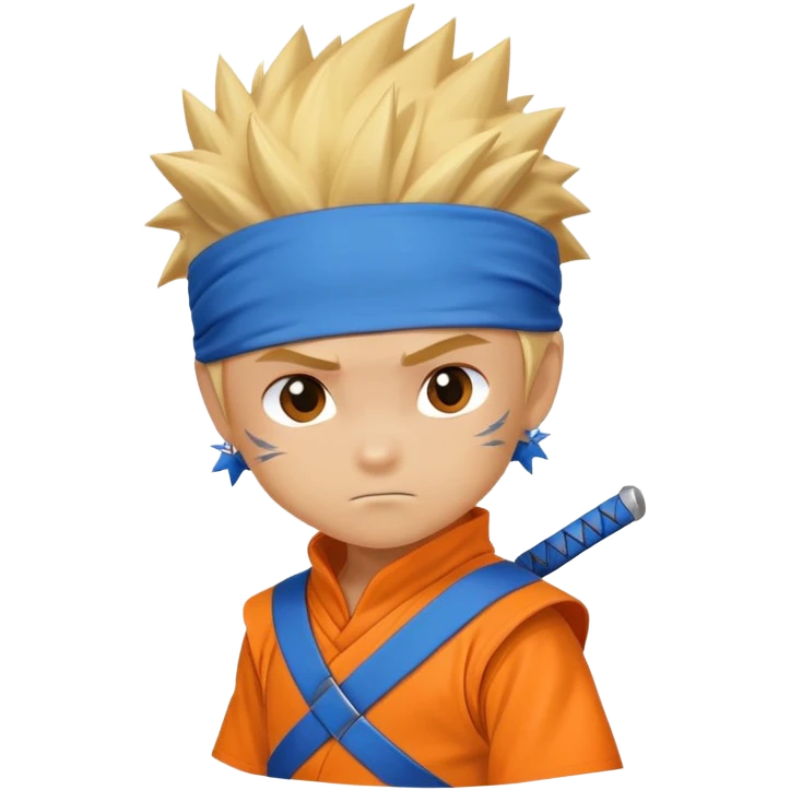 A blonde ninja boy with spiky hair, whisker marks on cheeks, orange outfit, and blue headband with metal plate emoji
