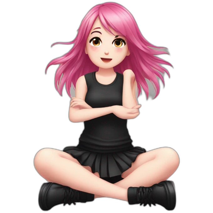 Full body Front view curvy emo girl pink hair sits on the floor straight view hands up black skirt полосатые рваные чулки emoji