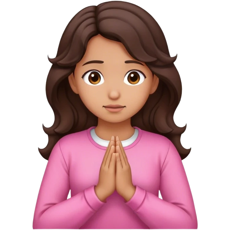 Girl with wavy dark brown hair and slight tan skin praying with a pink outfit  emoji