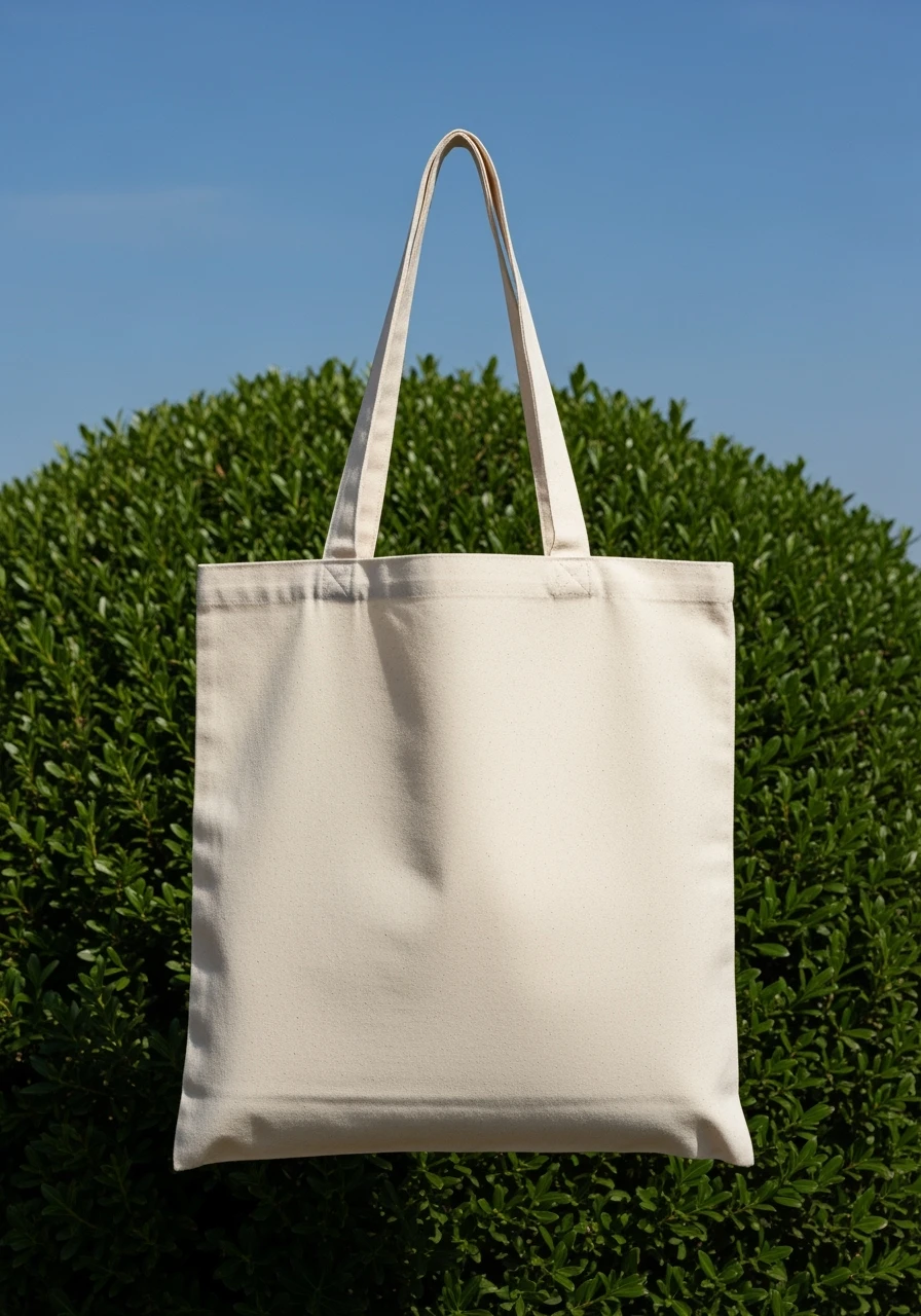 High-resolution mockup of a minimalist canvas tote bag, placed perfectly centered on the canvas. The tote bag is made of natural cotton fabric, light beige color, with a simple and elegant look. Background features a deep green organic bush, clean blue sky above, bright daylight, emoji