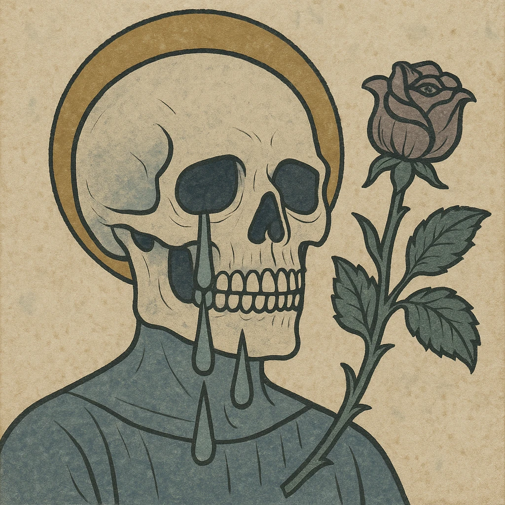 a dramatic skull with flowing tears and a wilted rose, gothic art style, medieval art style emoji