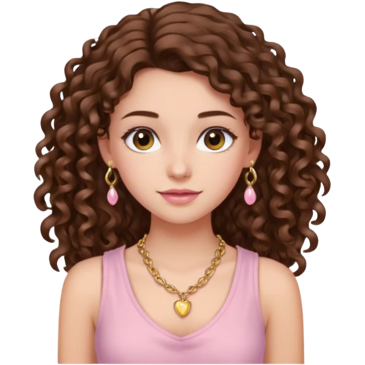 crée moi une jeune fille très belle avec les cheveux bouclés long brune avec un top  sans manche de couleur rose clair avec un peu de maquillage un collier en or emoji