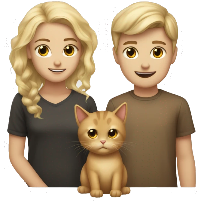 Dirty blonde boy and dirty blonde girl together with a brown cat emoji