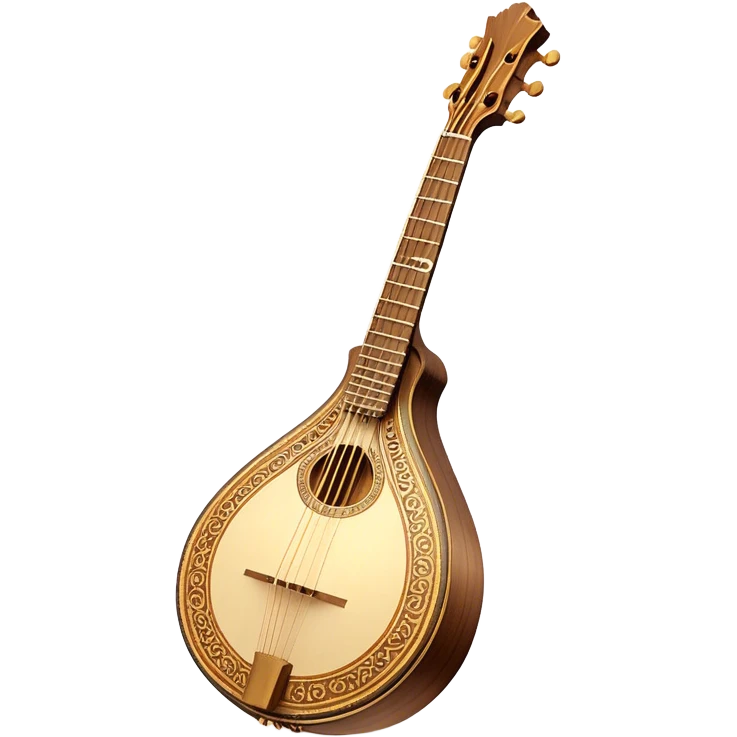 Bouzouki – Cinematic Realistic Bouzouki, depicted as a beautifully crafted Greek string instrument with a long neck and ornate fretwork, its polished wooden body reflecting warm golden light, set on a rustic background with soft shadows that evoke traditional Mediterranean music. emoji