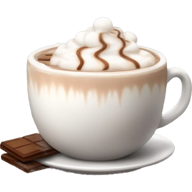 A steaming cup of hot chocolate with whipped cream and marshmallows emoji
