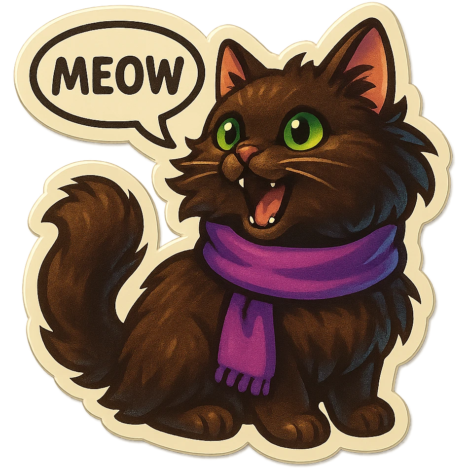 Fluffy meowing cute dark-brown cat with green eyes and a purple scarf saying ‘meow’ (with a speech bubble) emoji