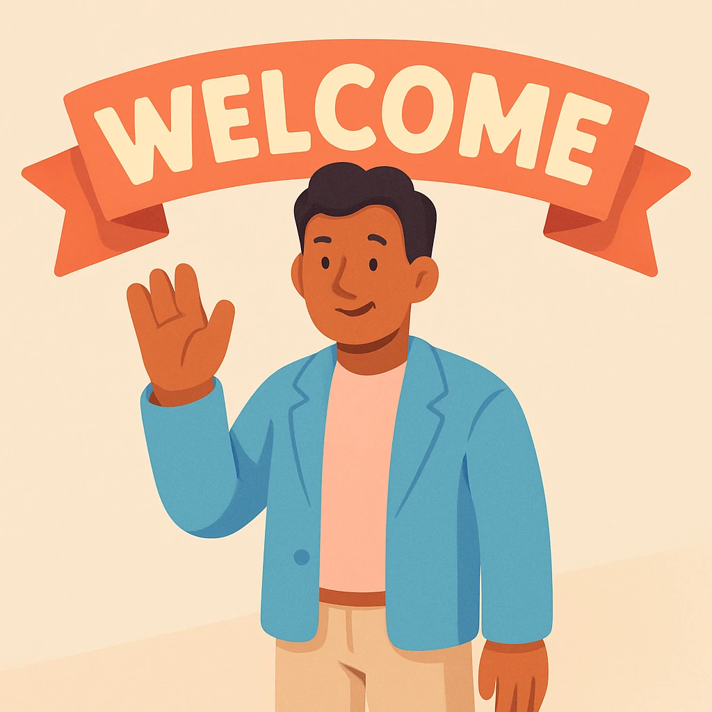 human character, center-frame, casual smart clothing in pastel blues, pinks, and neutrals, warm smile, one hand raised in a wave, stylized 'Welcome' banner behind, isometric perspective, soft diffuse studio lighting, subtle shadows, light depth of field, smooth rounded shapes, realistic skin texture, clean polished surfaces, modern minimalistic setting emoji