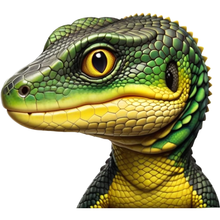 cinematic-realistic-cute-monitor-lizard-portrait-emoji,-head-tilted-playfully-and-inquisitively,-featuring-a-compact,-agile-body-with-finely-detailed,-glossy-scales-in-earthy-black and yellow-hues-and-a-distinct,-alert-face-with-bright,-curious-eyes, black , yellow spotted and green band  scales and a slender neck emoji