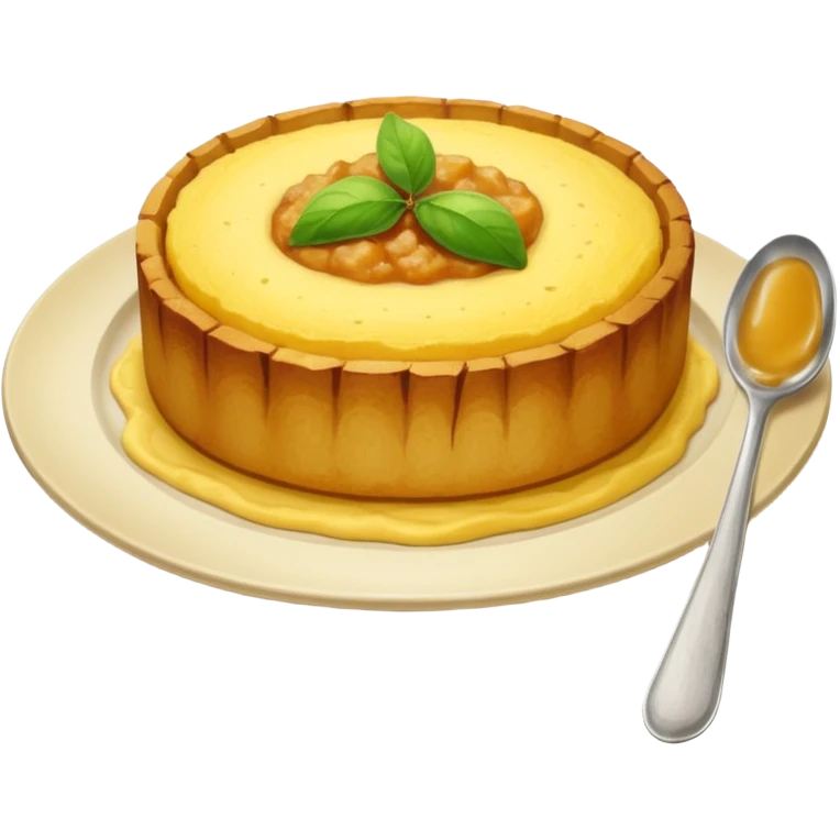 a deep dish plate with a yellowish food in it, a bit like polenta, but it is in a bit of small small lumps and very dry. with a bit of applesauce on top on the side and a spoon sticking out emoji